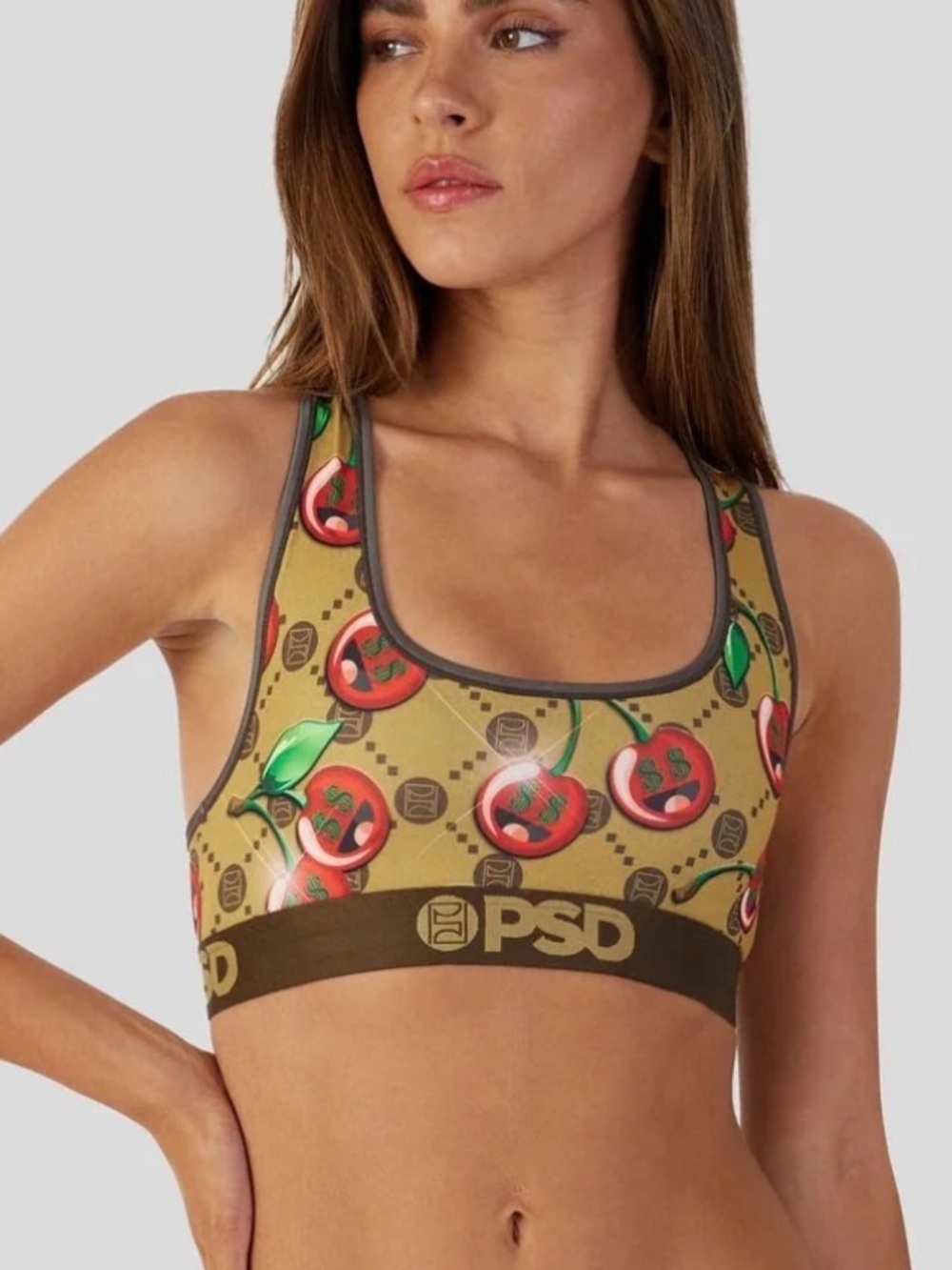 NWT PSD Cherry Money Print Sports Bra Large Athletic Bralette Logo Band